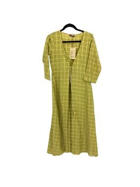 Libas Kurta Tunic Womens M Green Windowpane Check Tie Front Kaftan Style NWT